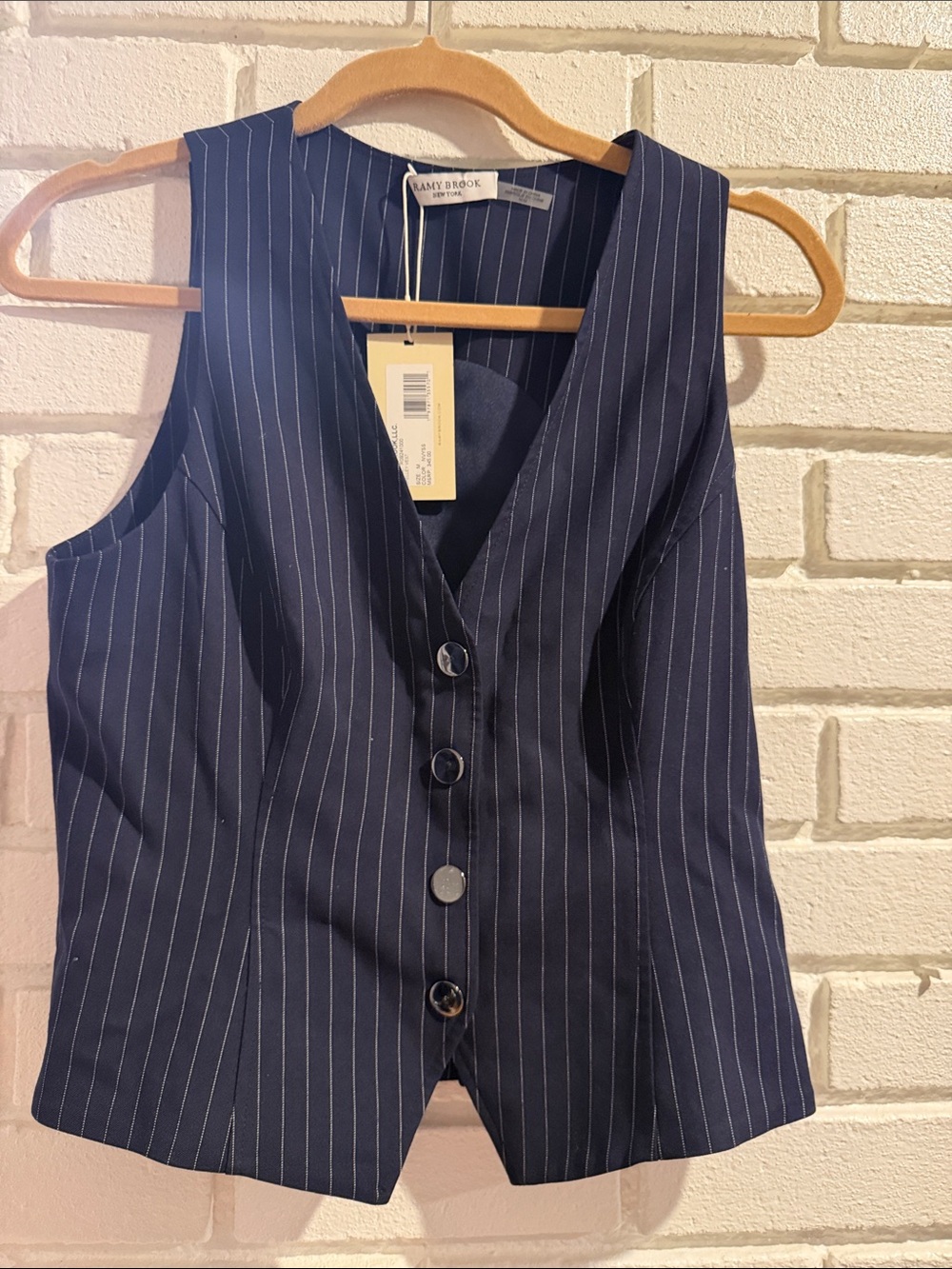 Ramy Brook Navy Pinstripe Buttoned V-Neck Vest